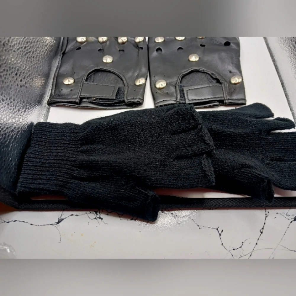 Black Faux Leather Studded + Black Cotton Fingerless Gloves Unisex -New